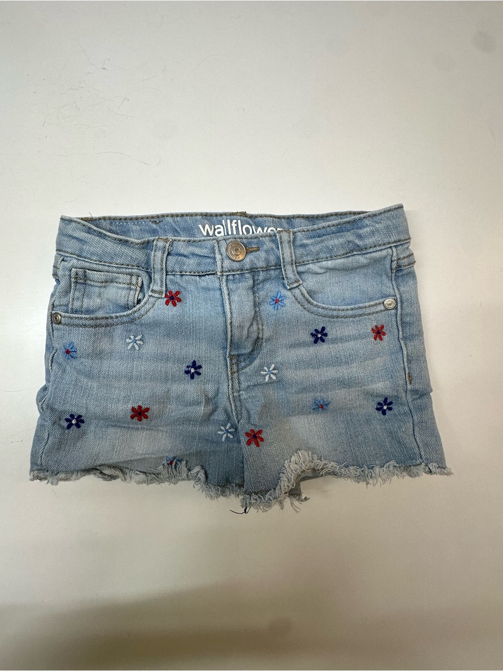 Wallflower Light Wash Denim Shorts with Red, Blue & White Floral Embroidery